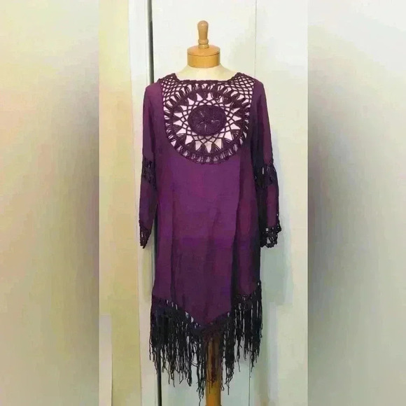 NWT Eggplant Purple Crochet Fringe Boho Swim Beach Resort Cover Up size small - Picture 12 of 12